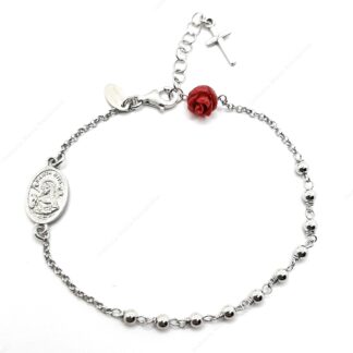 Bracciale rosario in argento con rosellina rossa