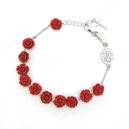 Bracciale rosario in argento con rose rosse